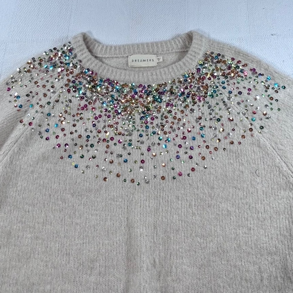 Dreamers Womens Sequin Embellished Crew Neck Sweater Oatmeal Small Fairycore‎ - Picture 2 of 6